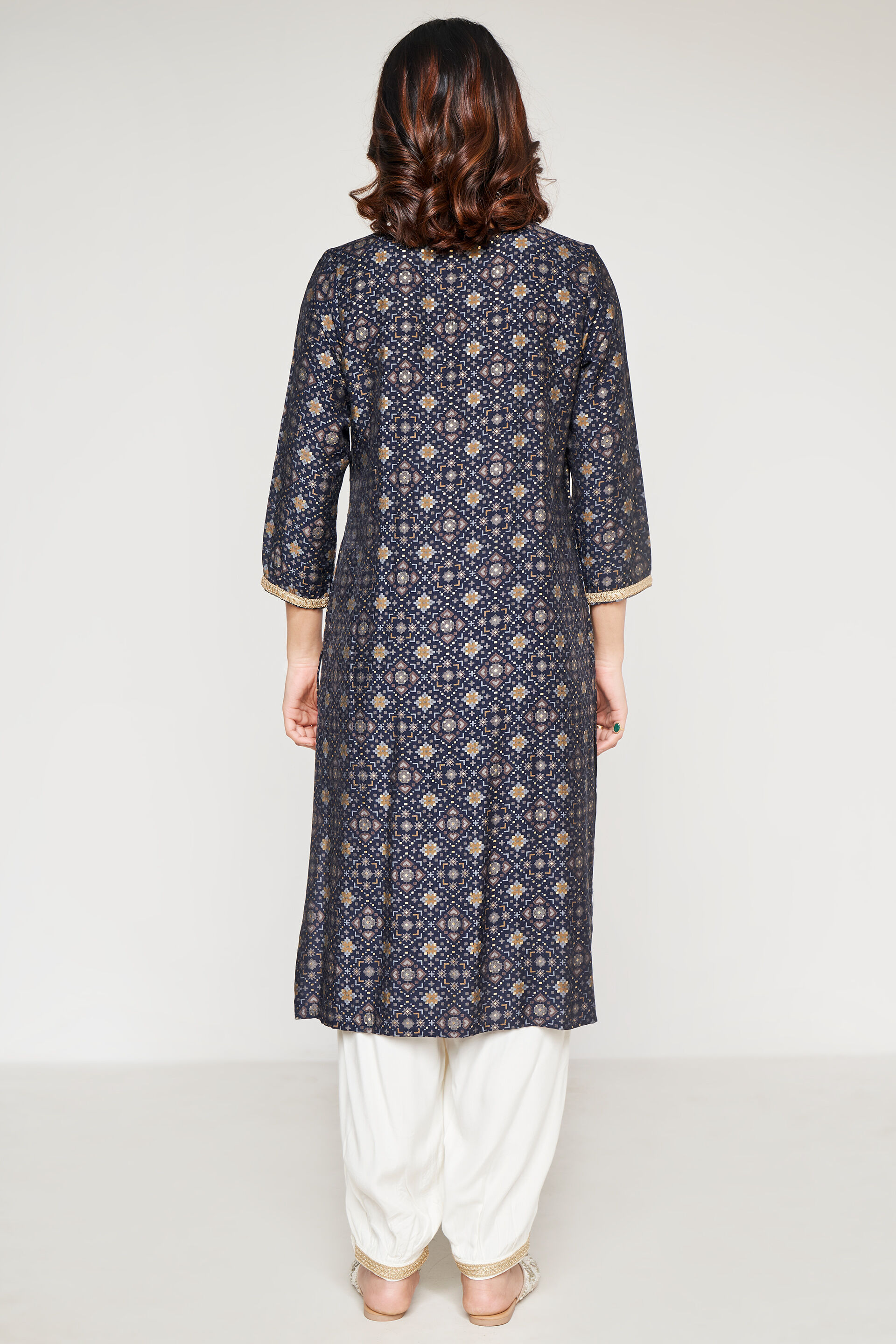 Indigo Geometric Lace Straight Kurta, Indigo, image 4